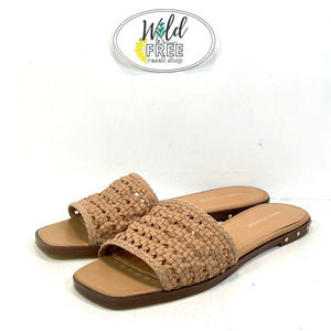 Marc Fisher Jeremy Flat Slip on, Wide Strap Sandal, Woven, Stud -Tan -Women 9